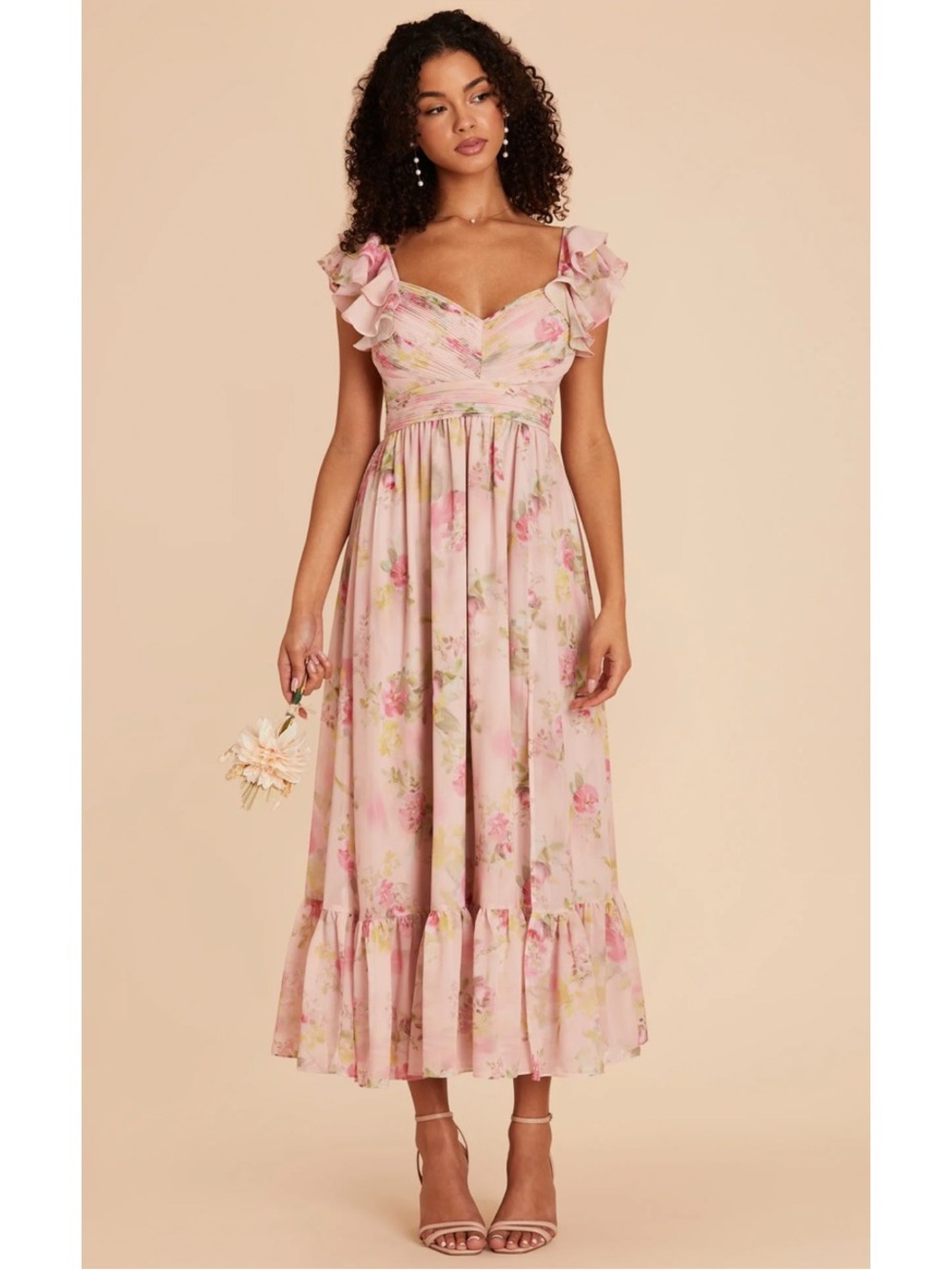 Birdie Grey Michelle Vintage Pink Floral Chiffon Midi Dress, M